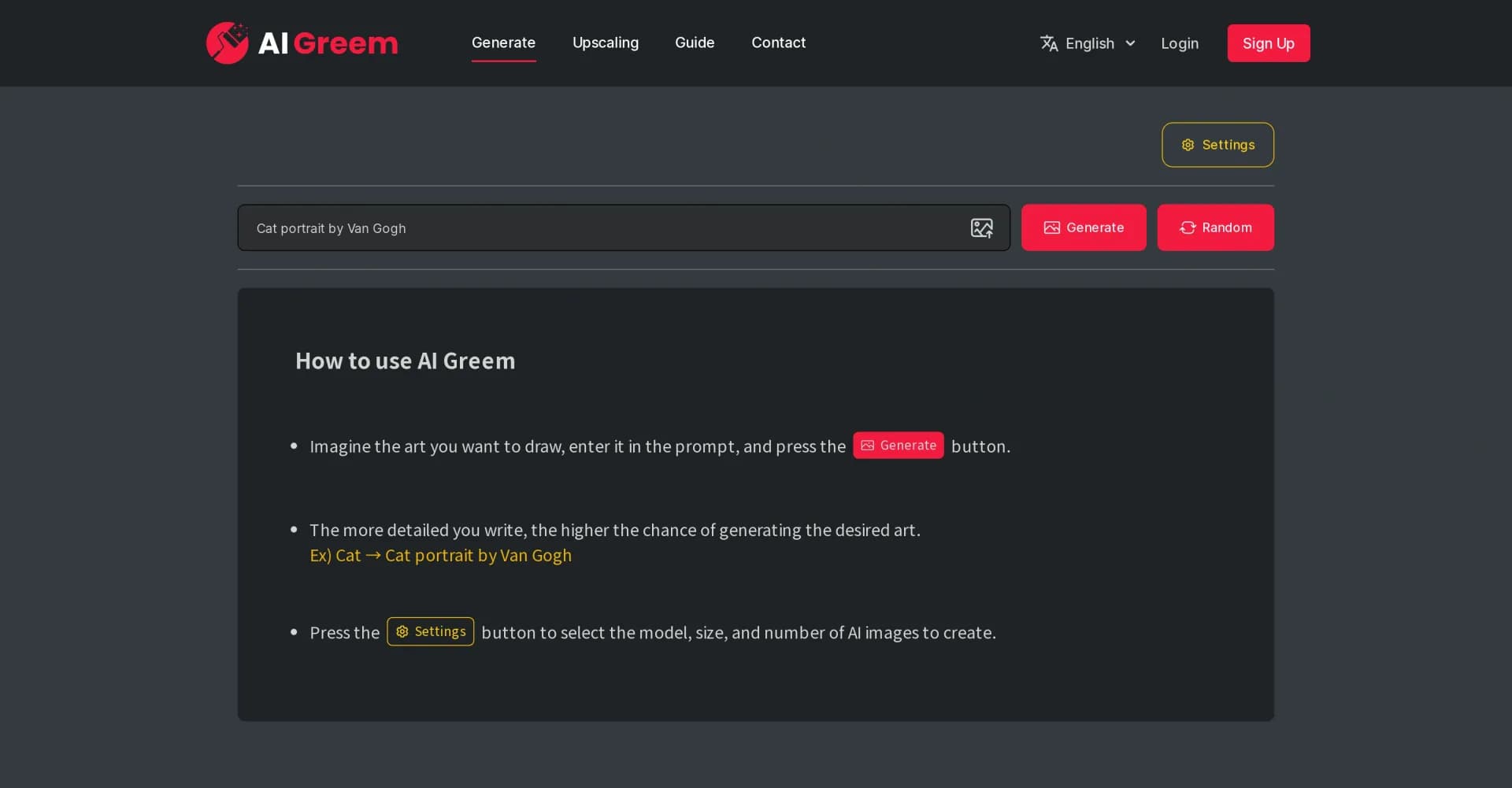 AI Greem homepage screenshot — Create AI art with detailed prompts