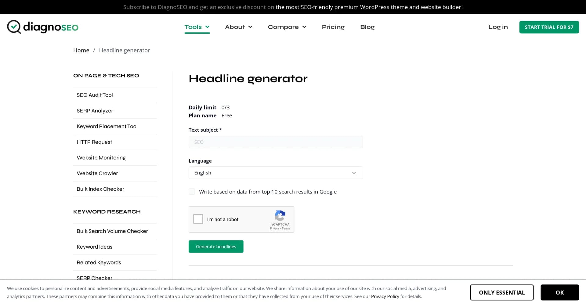 AI Headline Generator by DiagnoSEO homepage screenshot — AI-powered headline generator for catchy blog titles