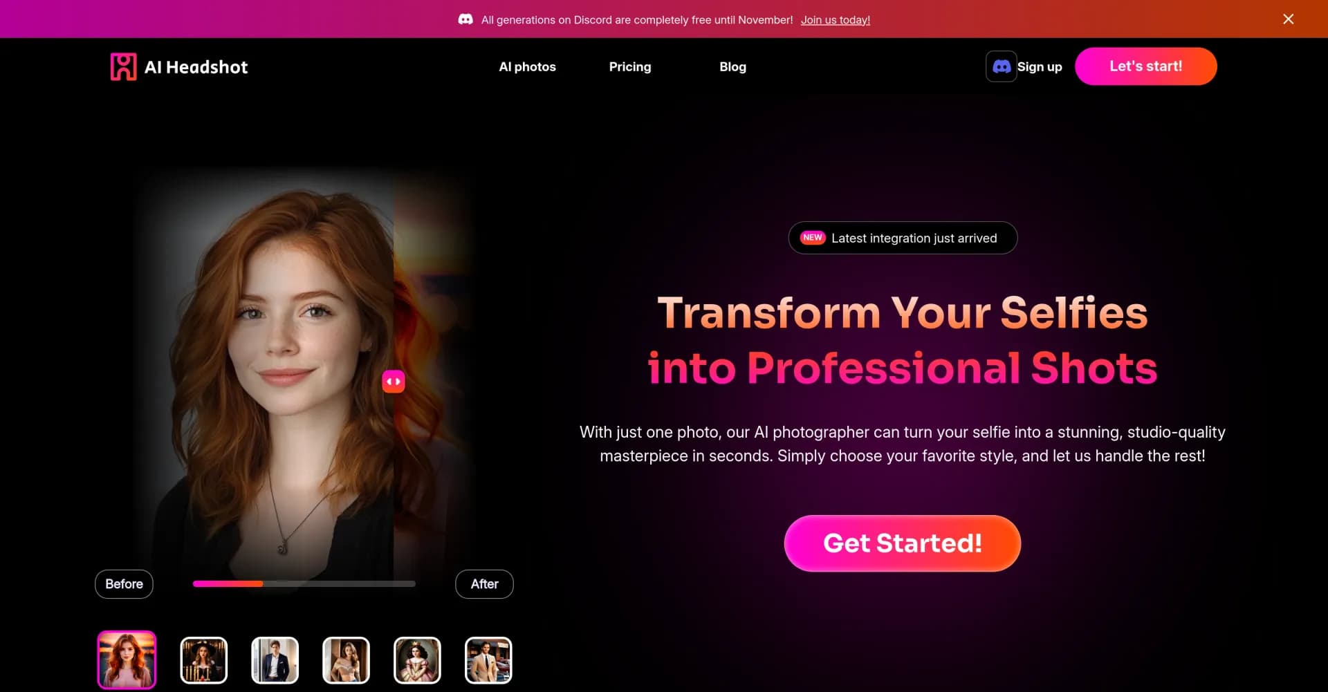 AI Headshot Generator homepage screenshot — Generate unique AI portraits from a single photo.