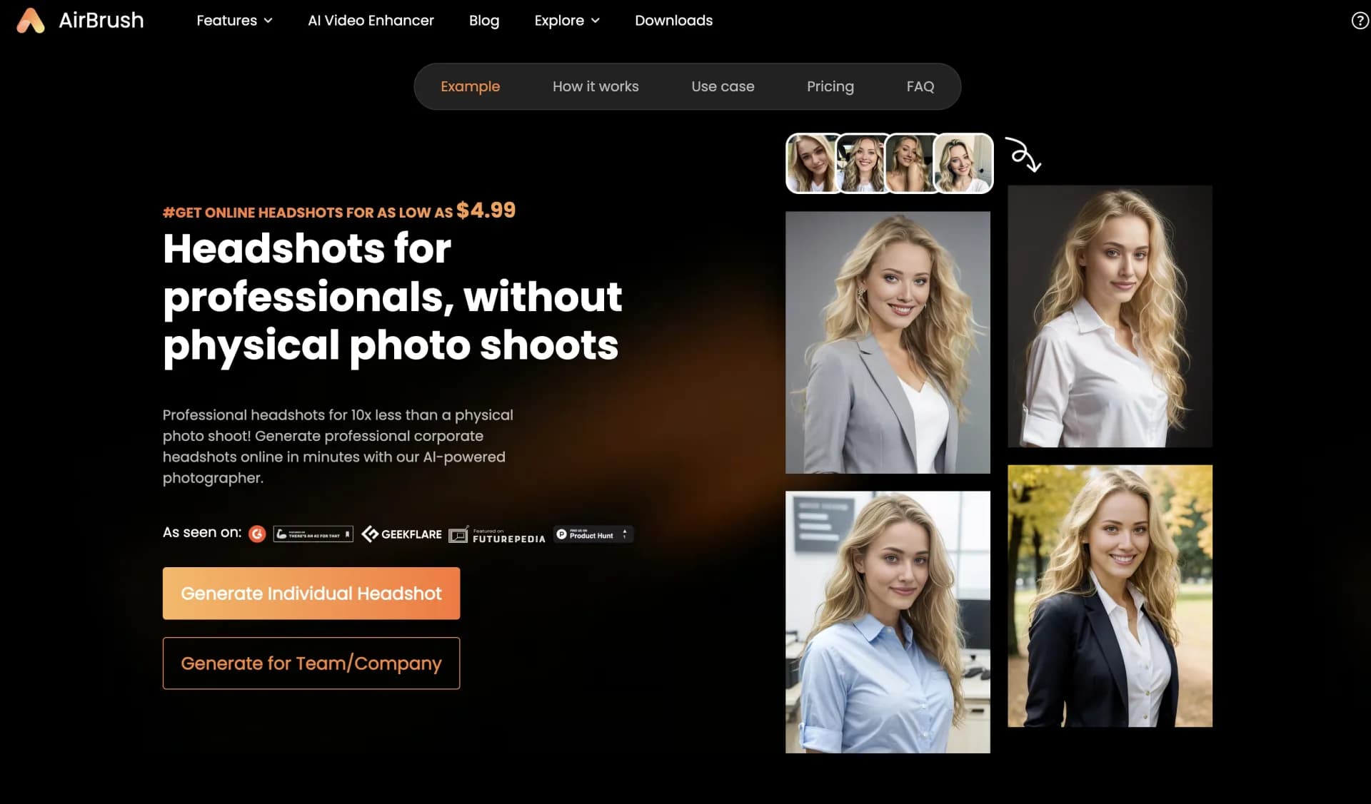 AI Headshots homepage screenshot — Generate professional headshots online in minutes.