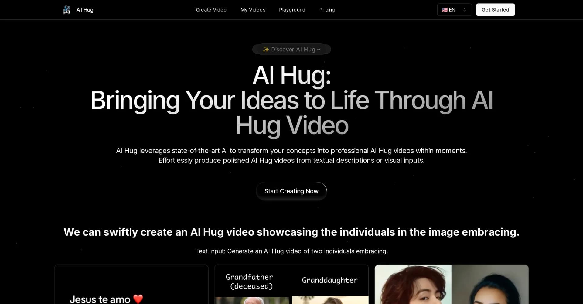 AI Hug homepage screenshot — Transform photos into heartwarming hug videos with AI.