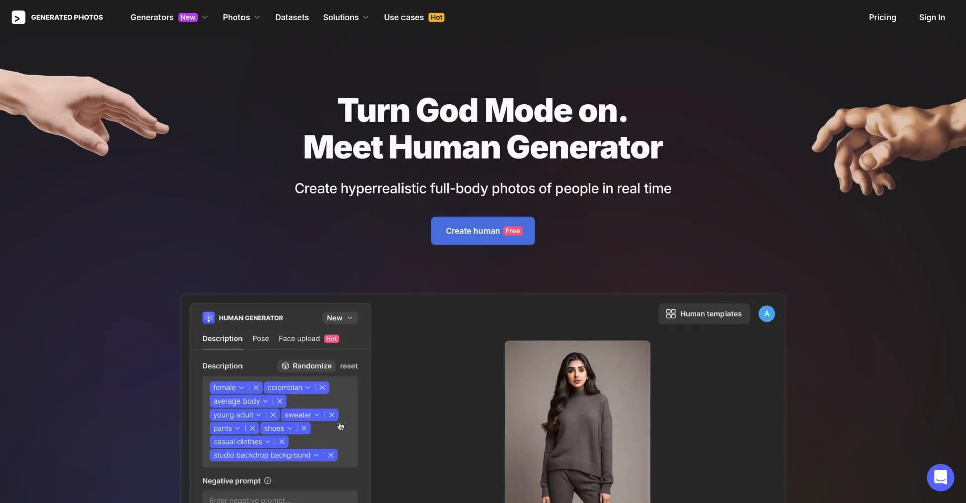 AI Human Generator homepage screenshot — Generate lifelike humans with AI in seconds
