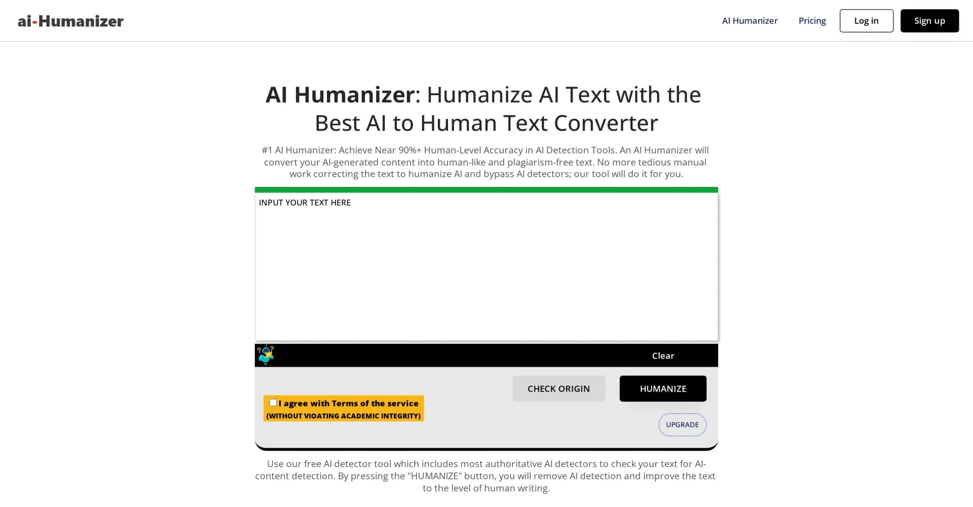 AI Humanizer.com homepage screenshot — Humanize AI text to bypass detection.