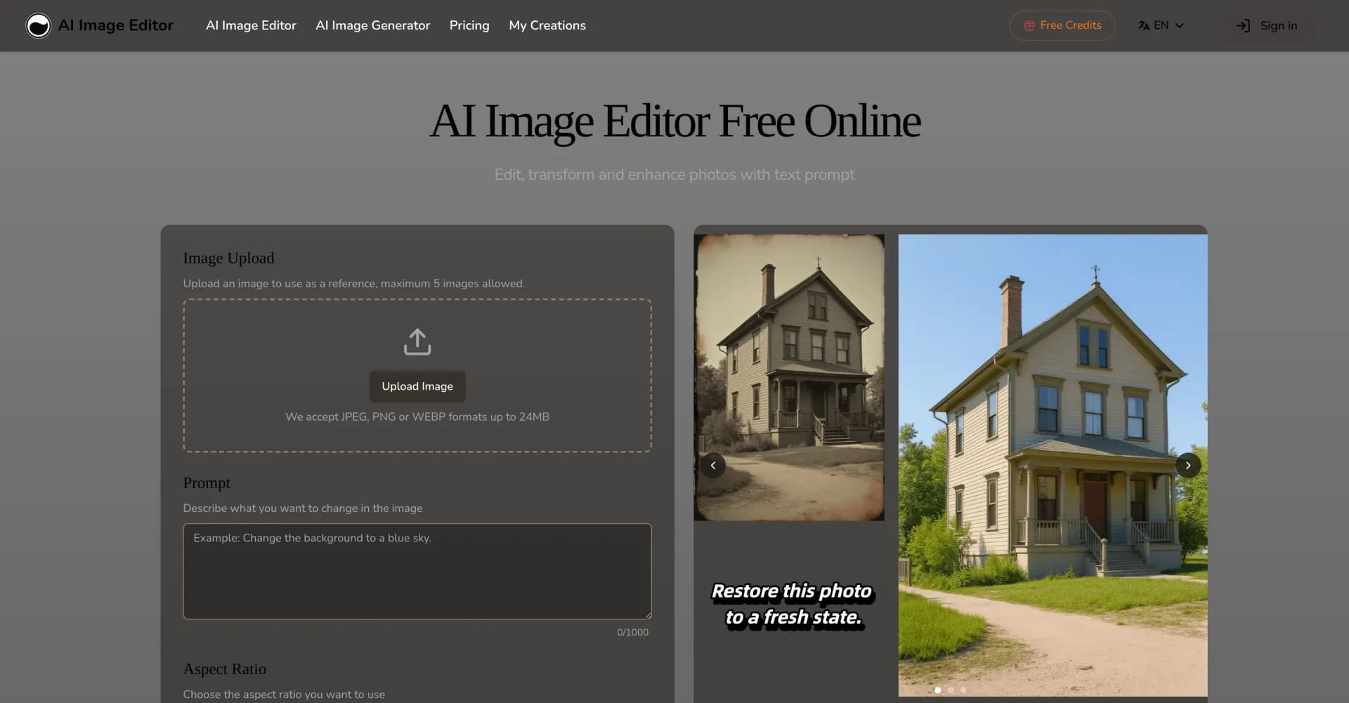 AI Image Editor homepage screenshot — Edit photos with AI using simple text prompts.