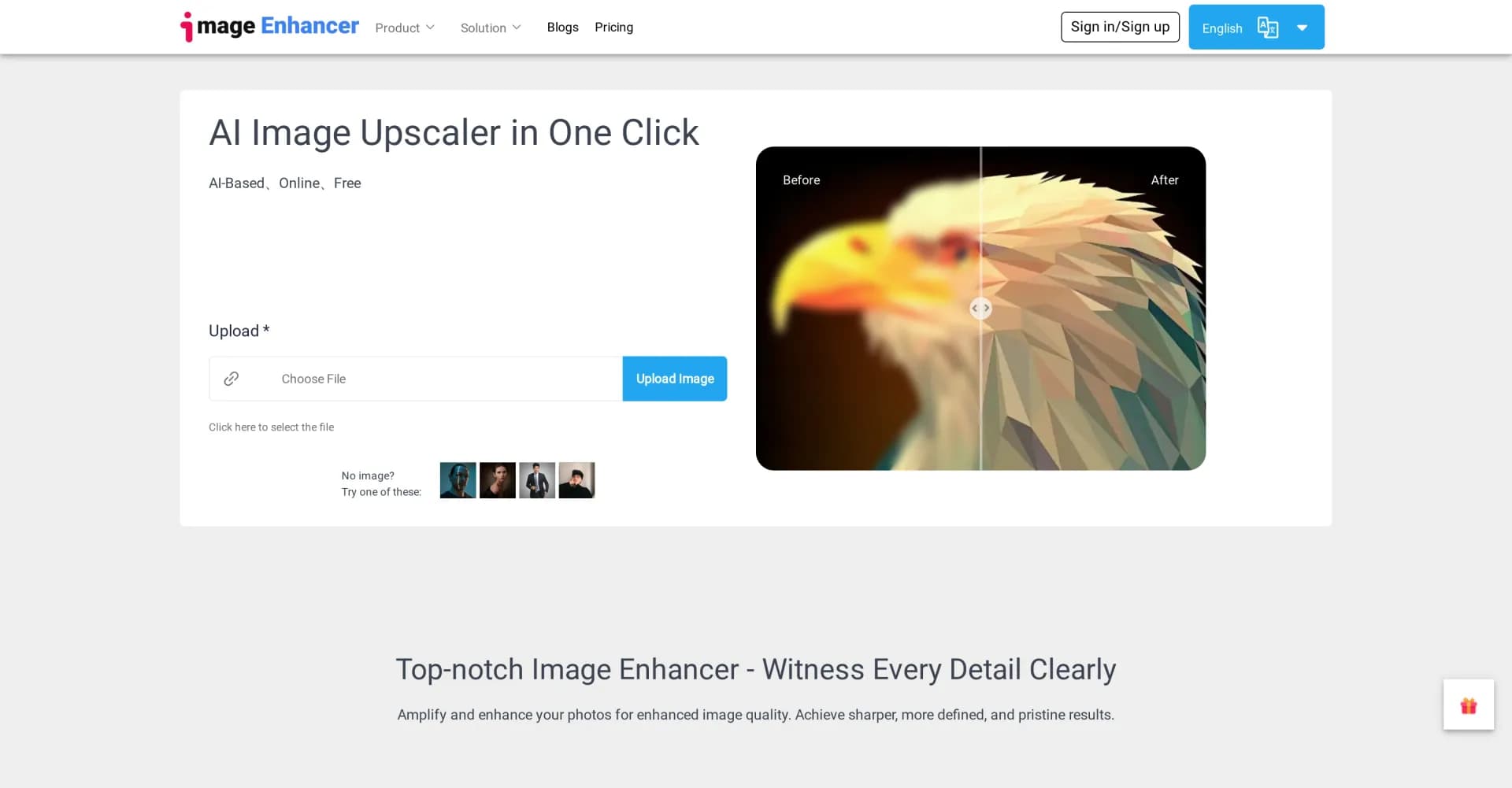 AI Image Enhancer homepage screenshot — Upscale images to higher resolution online for free