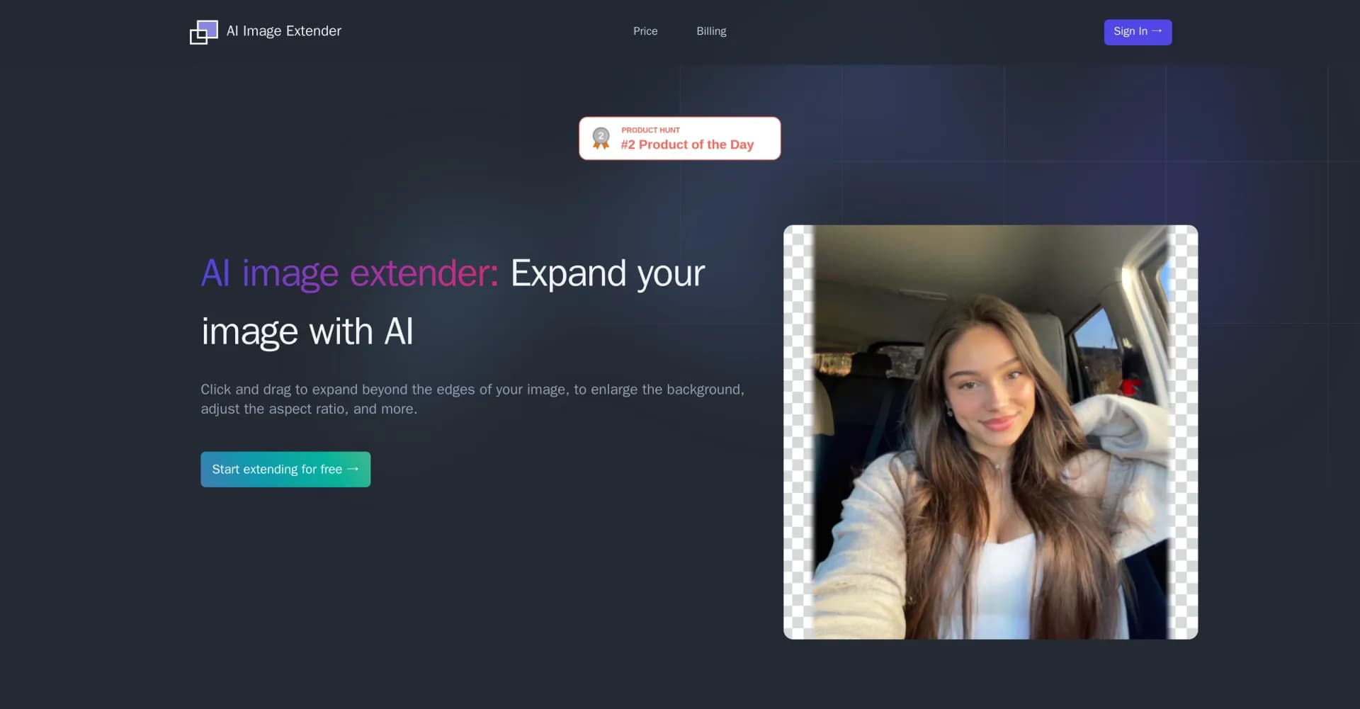 AI Image Extender homepage screenshot — Expand images beyond boundaries with AI.