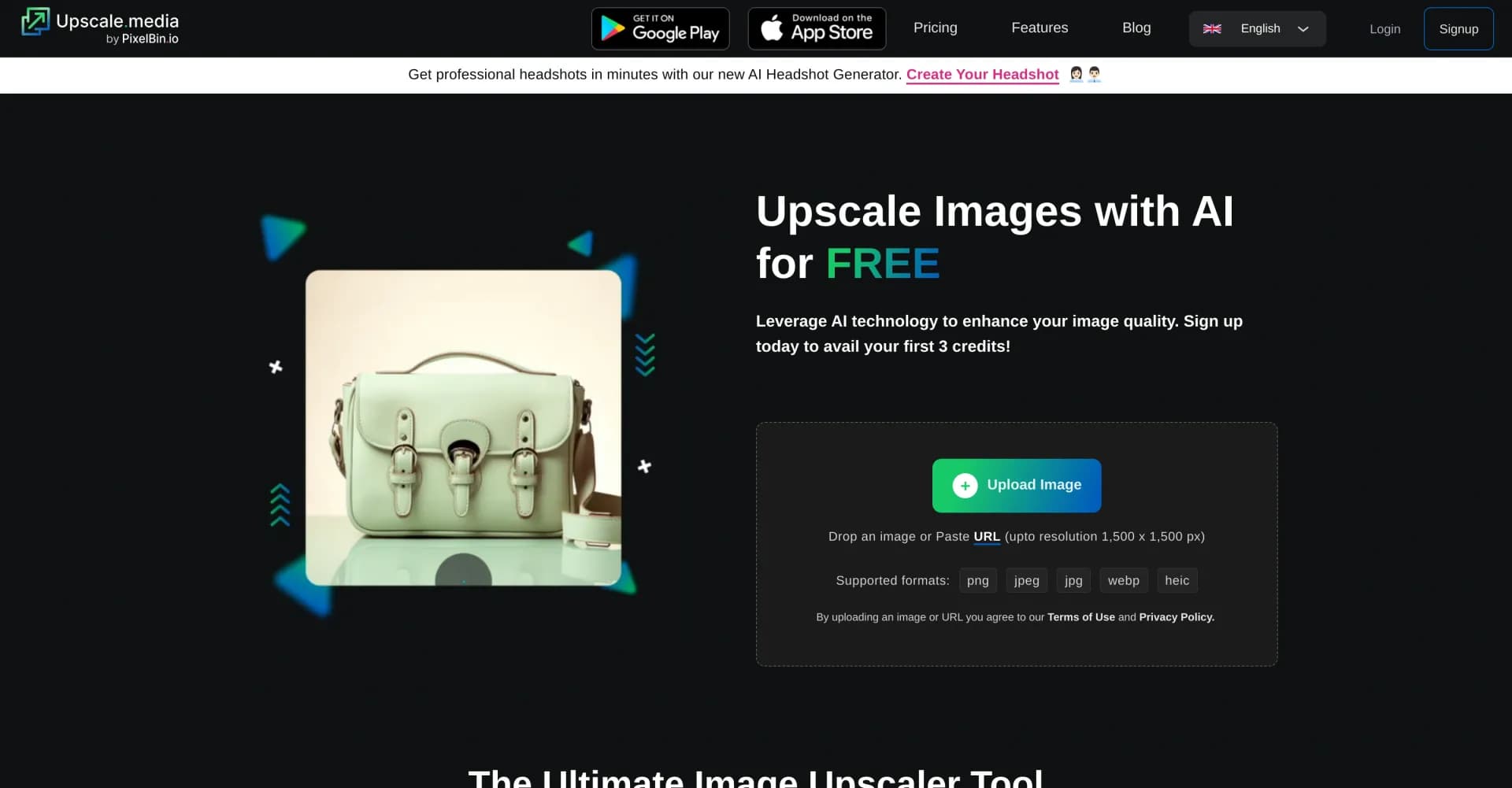 AI Image Upscaler homepage screenshot — Enhance images with AI for free