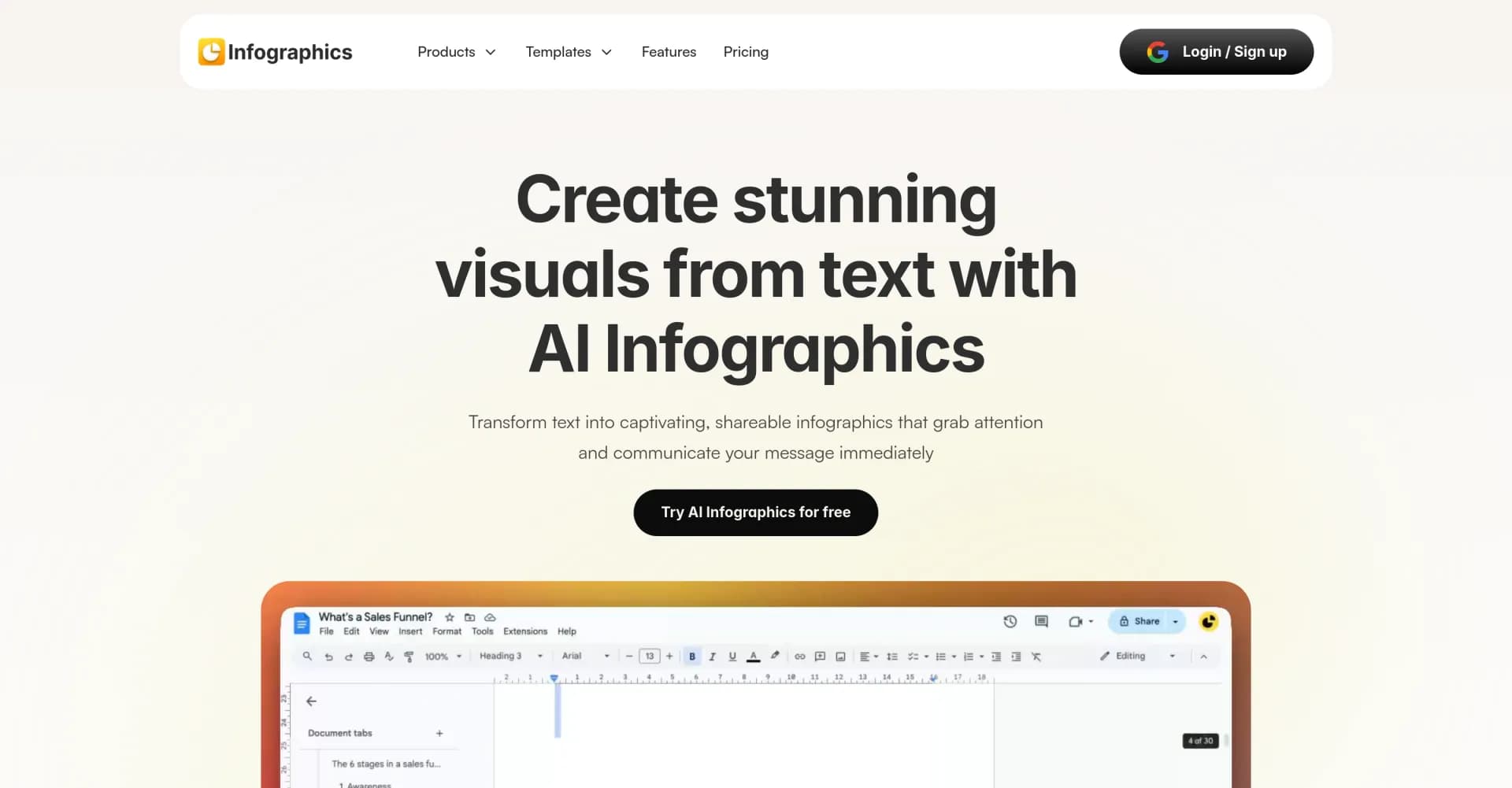 AI Infographics homepage screenshot — Transform text into captivating infographics instantly.