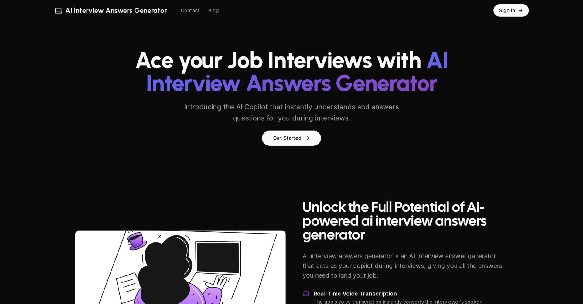 AI Interview Answers Generator homepage screenshot — Ace interviews with AI-powered instant answers