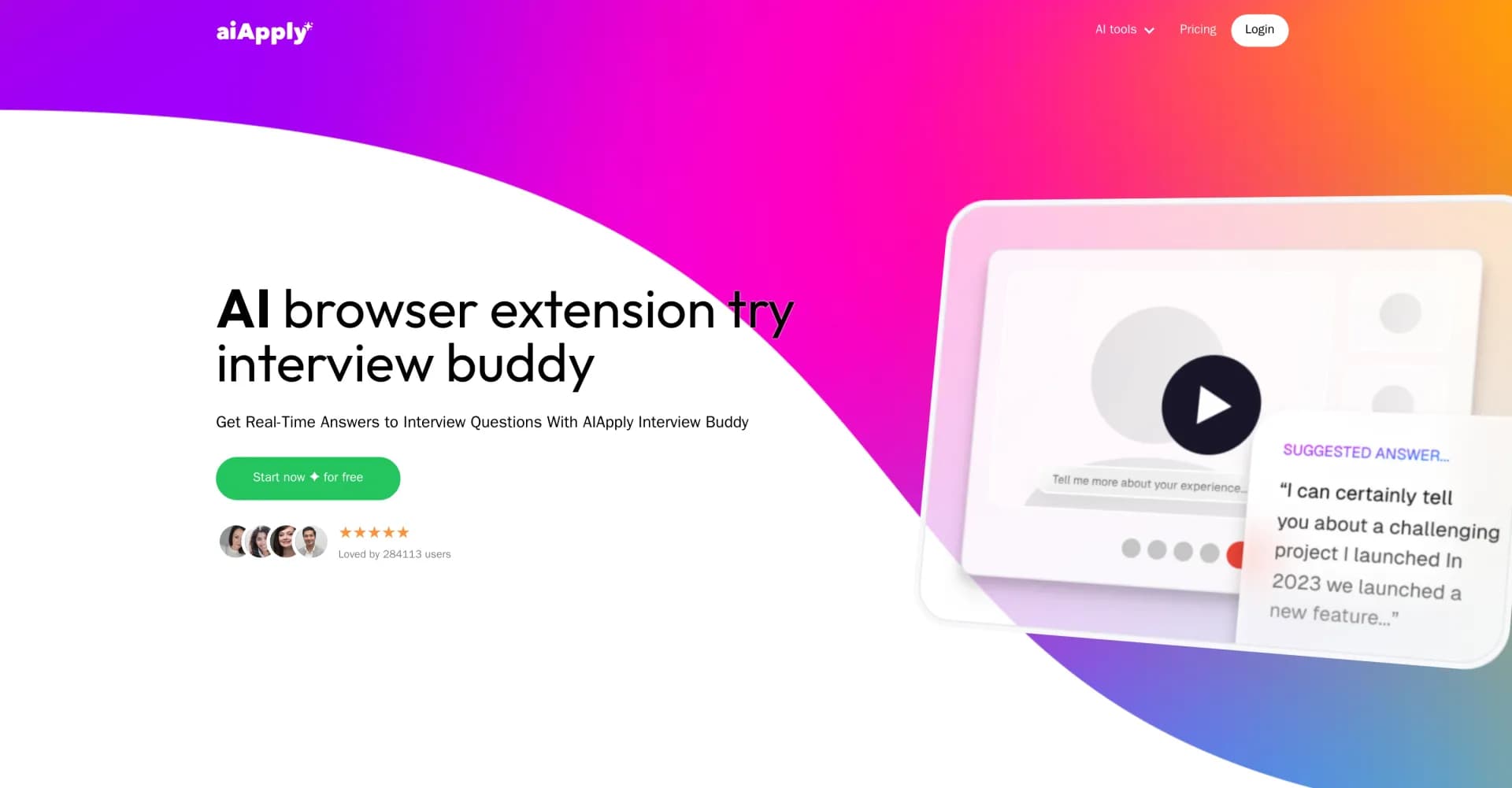 AI Interview Buddy homepage screenshot — Get real-time AI answers during job interviews.