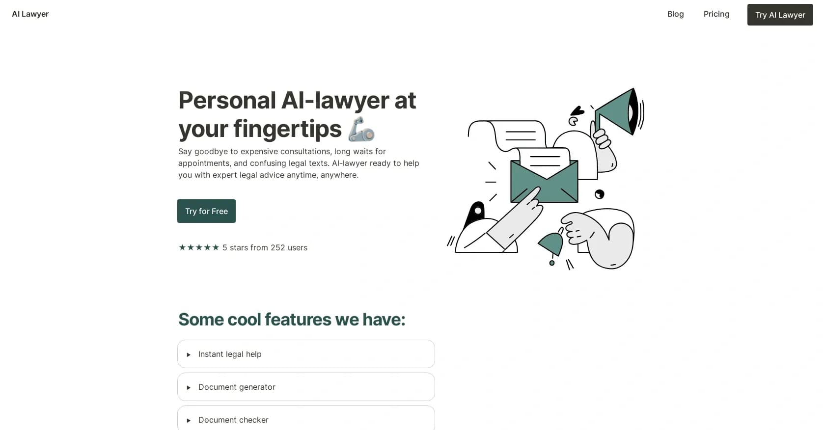 AI Lawyer homepage screenshot — Instant legal advice and document creation at your fingertip