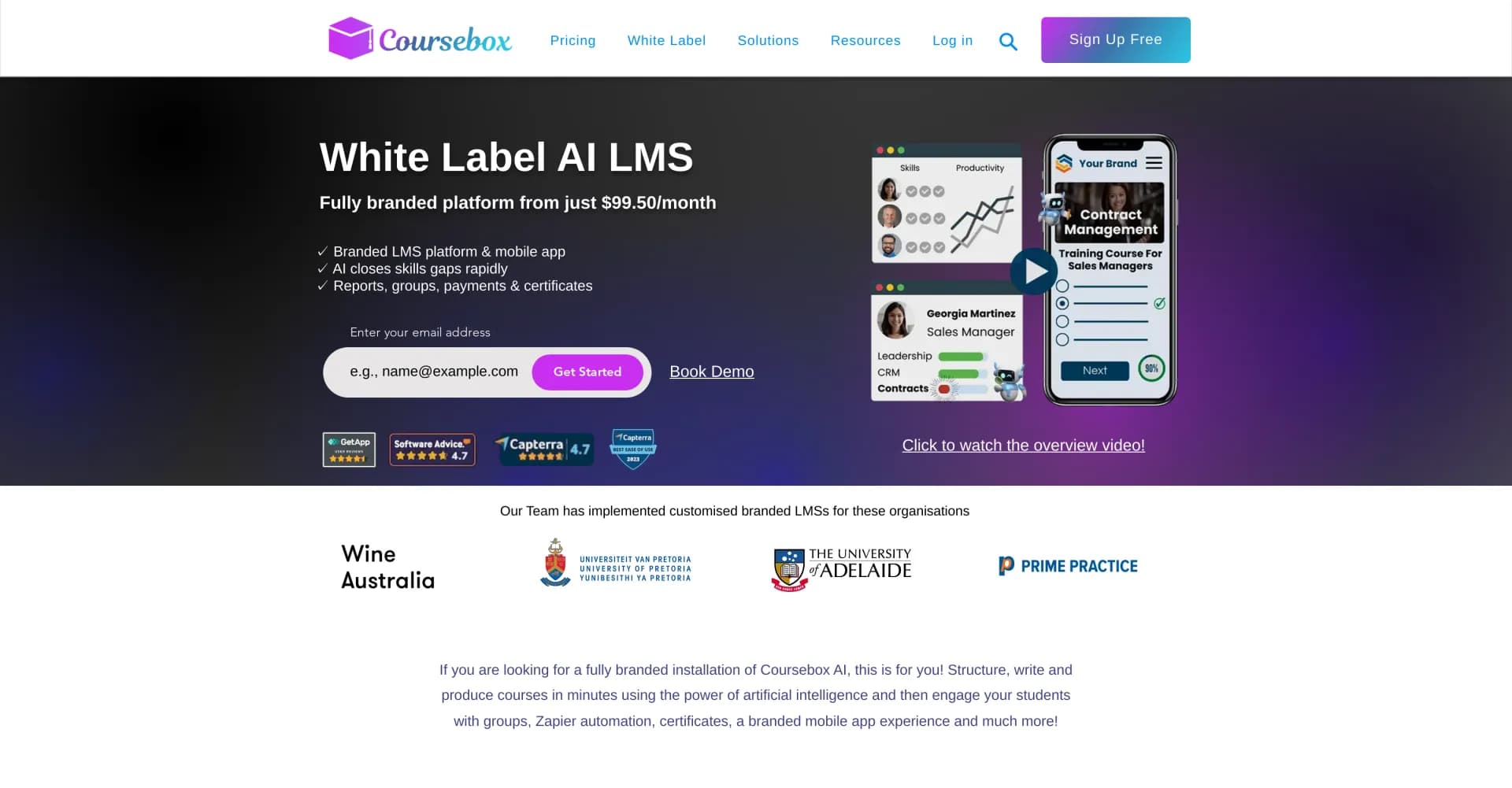 AI LMS by Coursebox homepage screenshot — Create personalized training with AI.