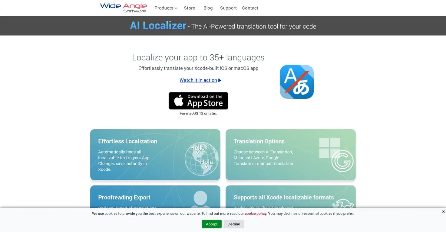 AI Localizer homepage screenshot — Automatically translate your app into 37 languages.