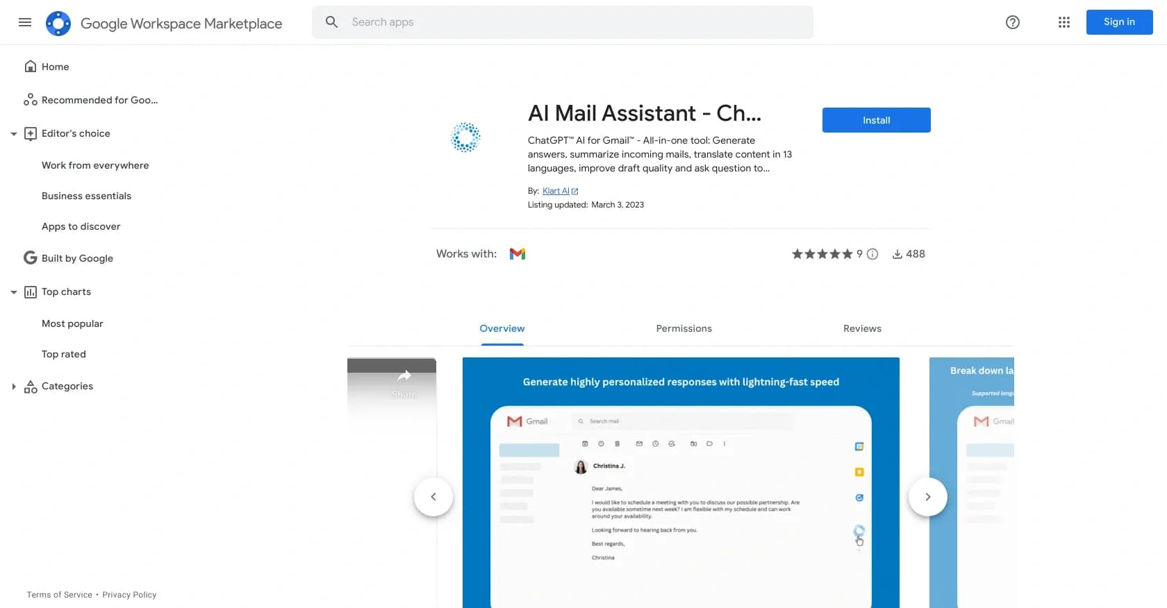 AI Mail Assistant homepage screenshot — ChatGPT AI for Gmail: Generate, summarize, translate, and im