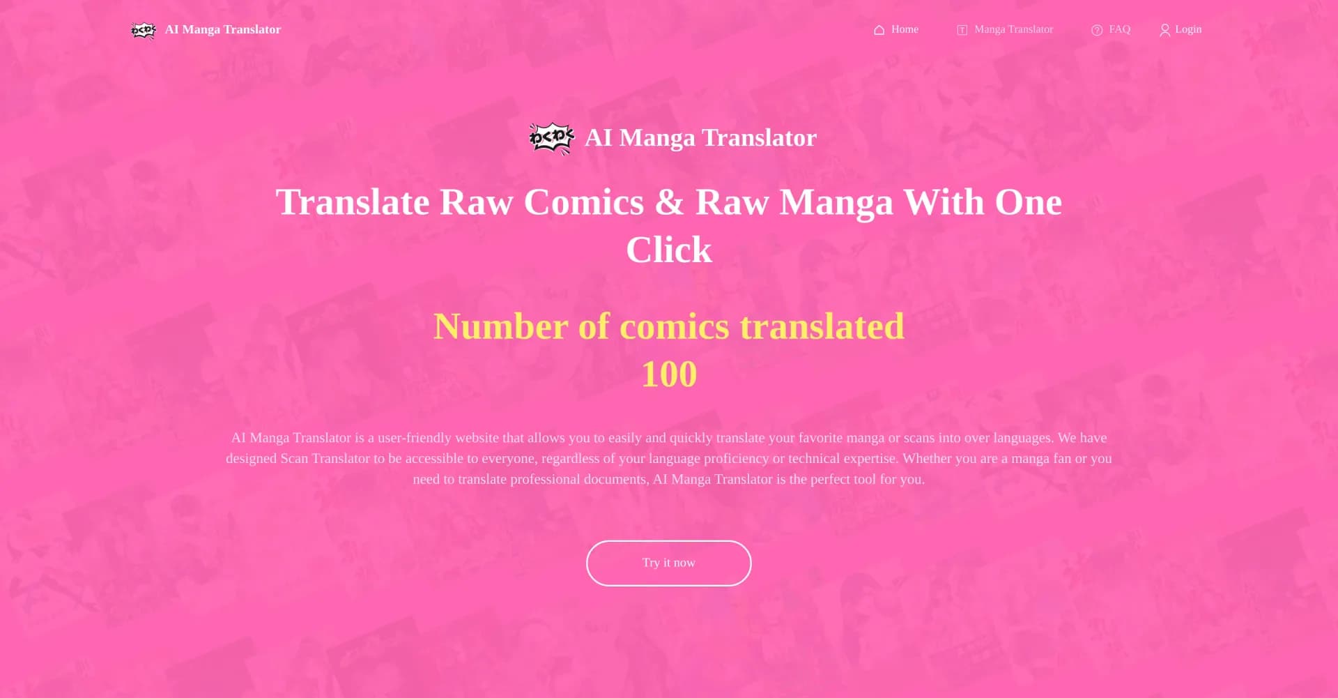 AI Manga Translator homepage screenshot — Translate manga instantly with AI precision.