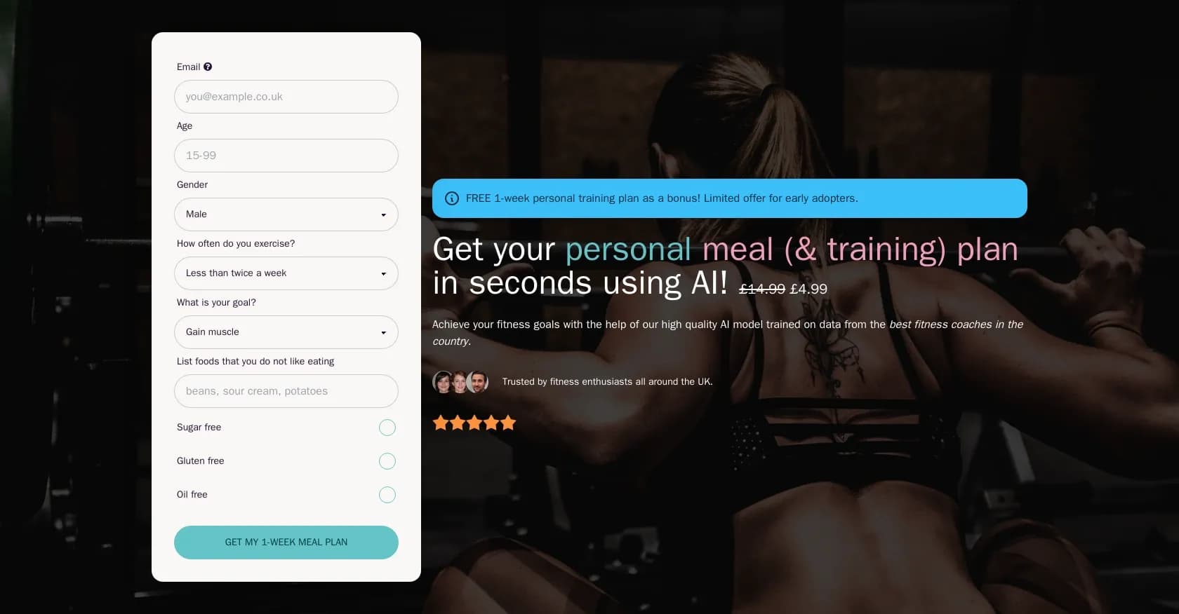 AI Meal Planner homepage screenshot — AI-powered meal plans for your fitness goals