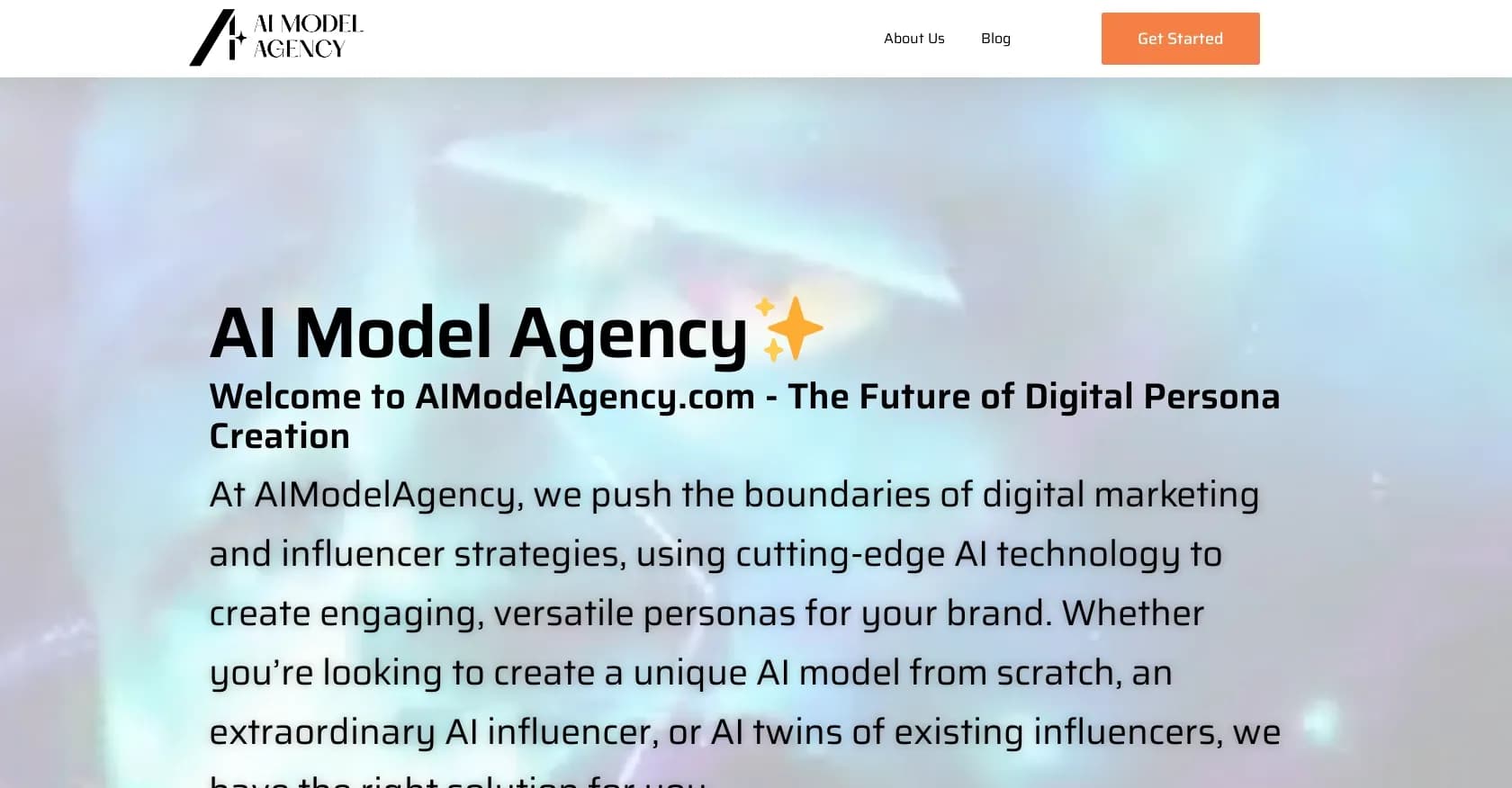AI model agency homepage screenshot — Revolutionize your brand with AI-powered digital personas.
