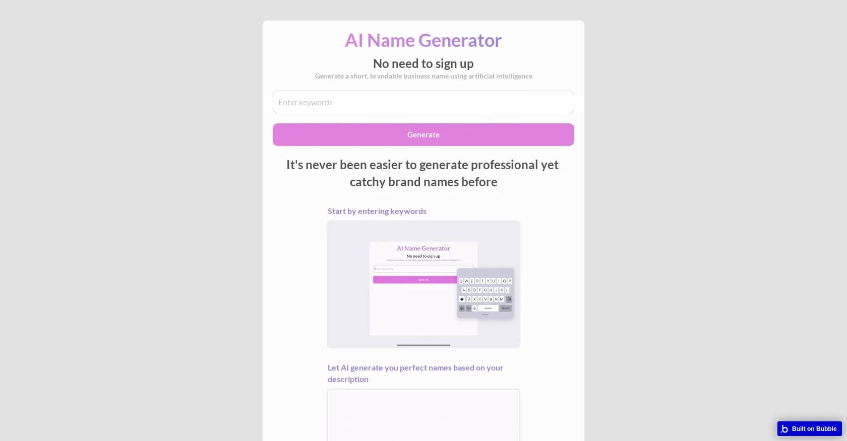 AI Name Generator homepage screenshot — Generate catchy business names with AI