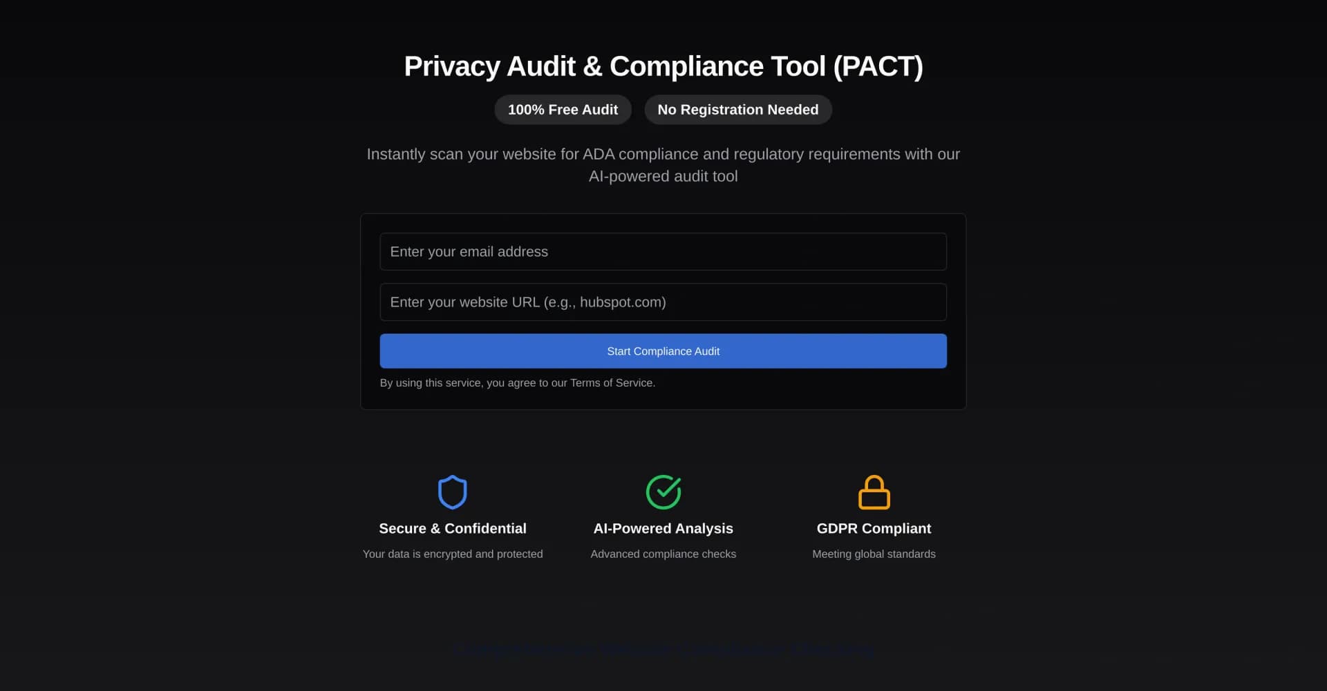 PACT | Free Compliance Audit homepage screenshot — 100% Free AI-powered website compliance audits in minutes.