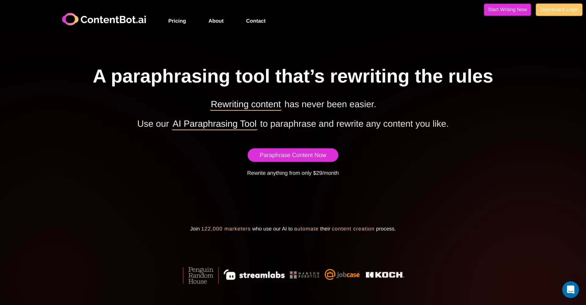 Paraphrasing Tool by ContentBot.ai homepage screenshot — Rewrite content instantly with powerful AI.