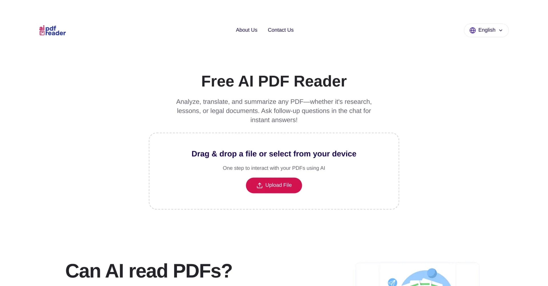 AI PDF Reader homepage screenshot — AI-powered PDF analysis and interaction.