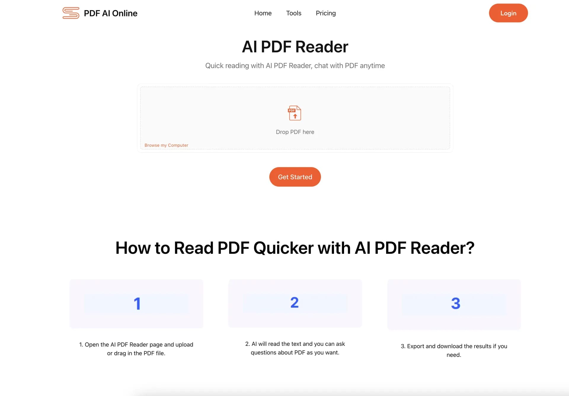 AI PDF Reader homepage screenshot — AI-powered PDF reader for quick information extraction