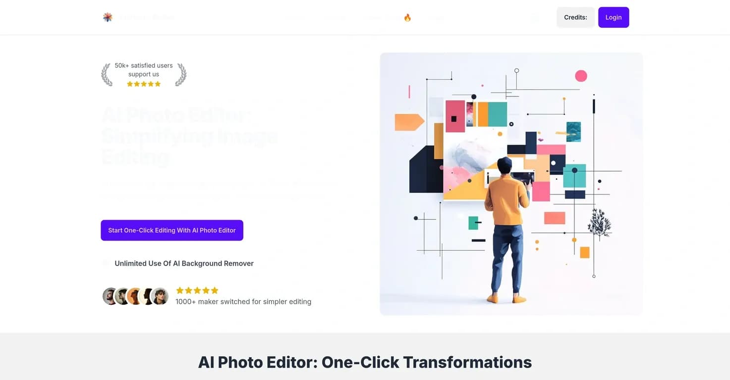 AI Photo Editor homepage screenshot — One-click AI image editing, simplified.