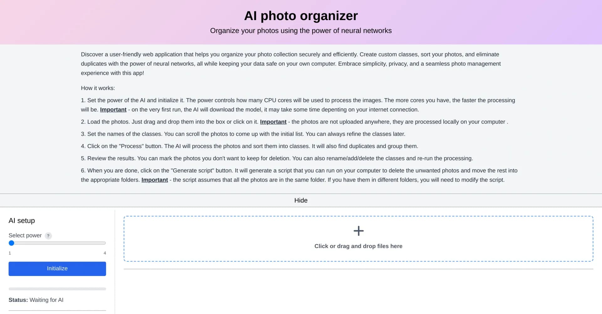 AI photo sorter homepage screenshot — AI-powered photo sorting for effortless organization.