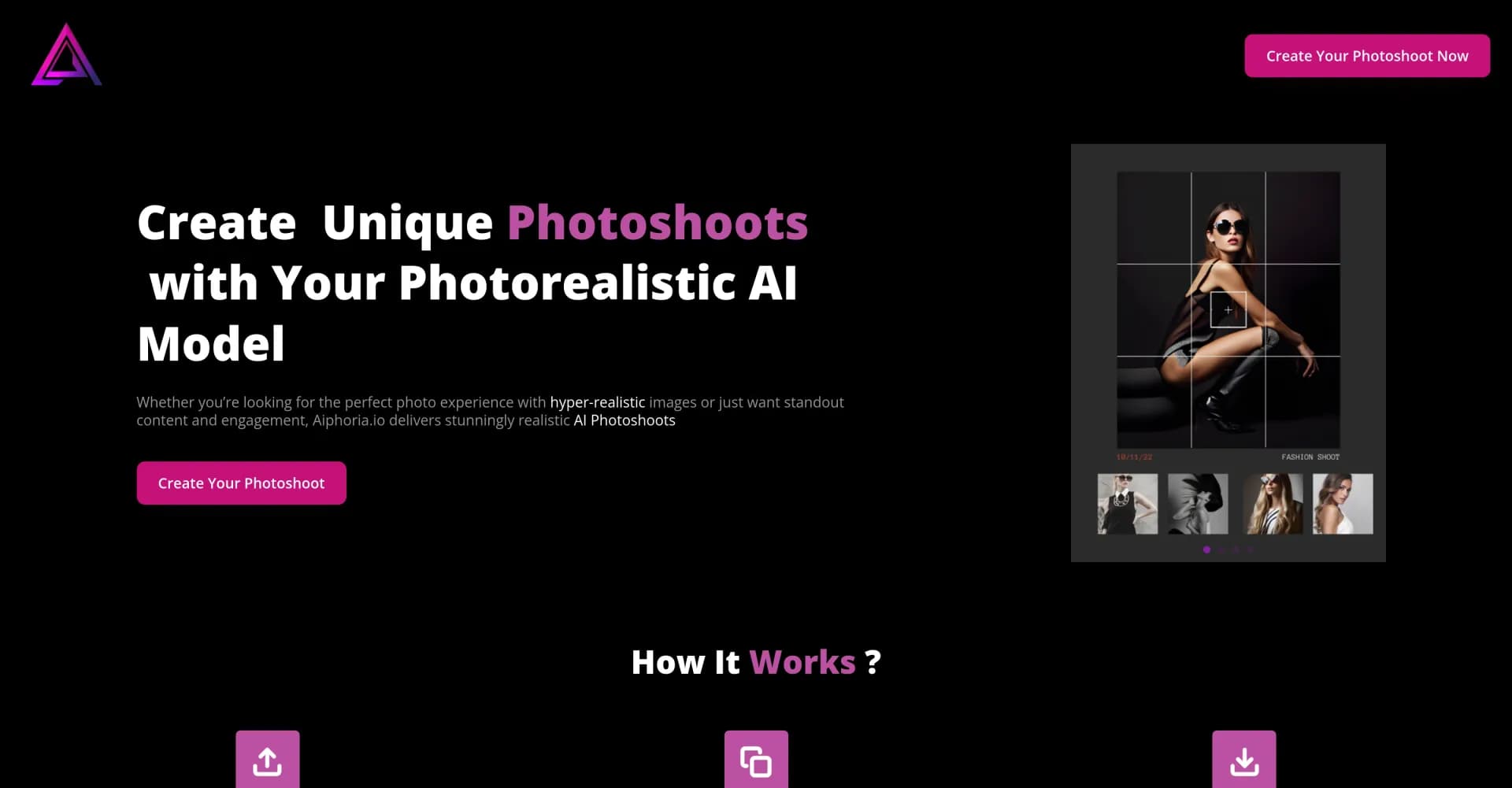AI Photoshoot - Aiphoria.io homepage screenshot — Generate hyper-realistic AI photoshoots.