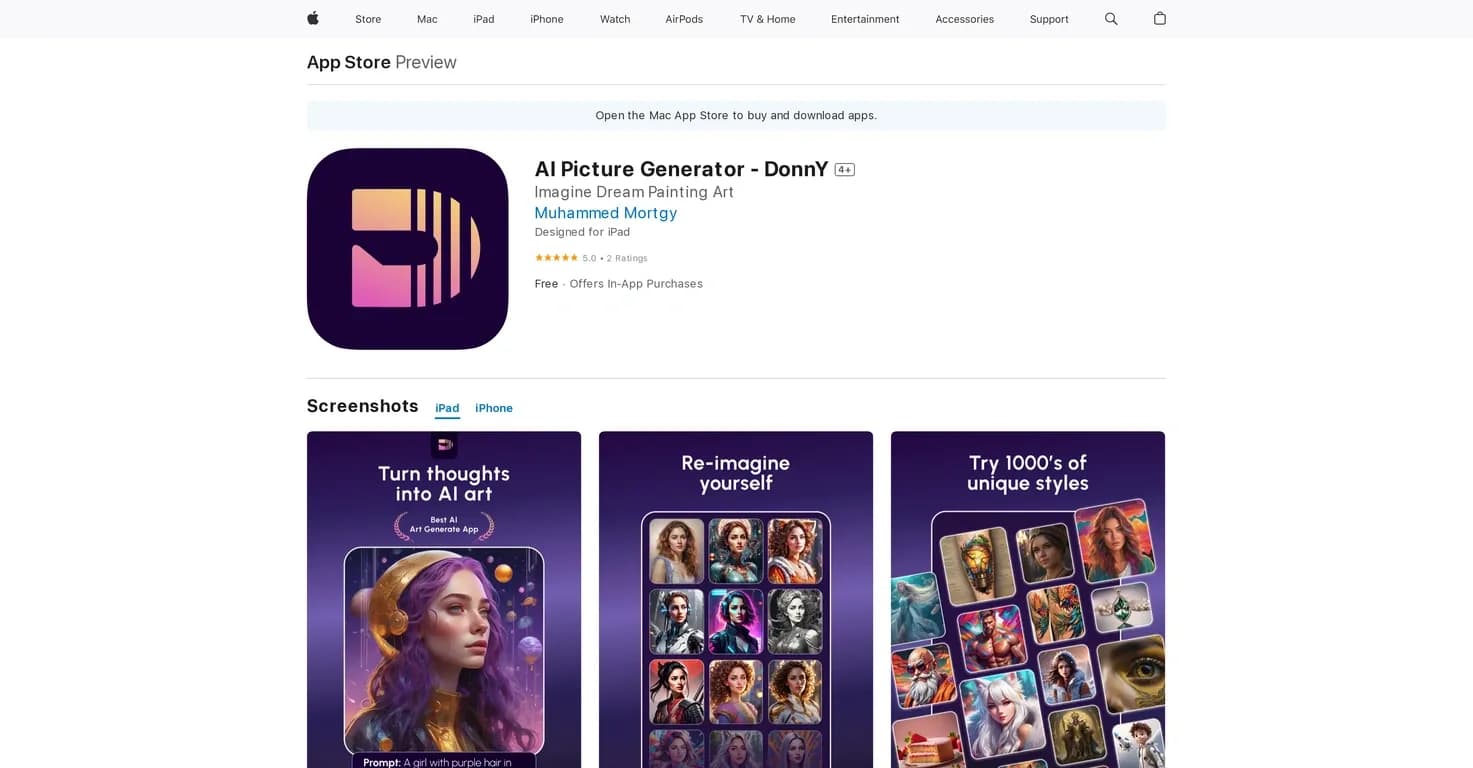 AI Picture Generator - DonnY homepage screenshot — Create stunning images with AI on your devices.