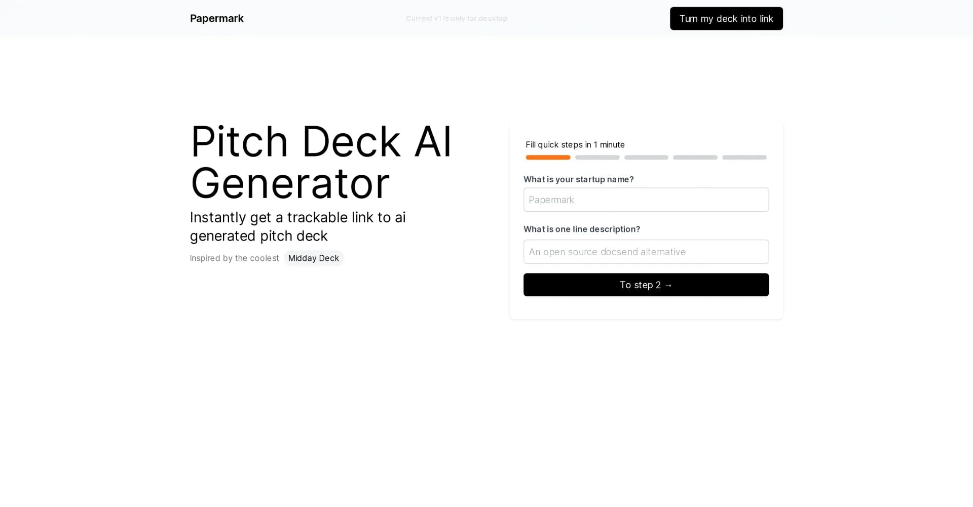 AI Pitch Deck Generator homepage screenshot — Generate shareable AI pitch decks instantly.