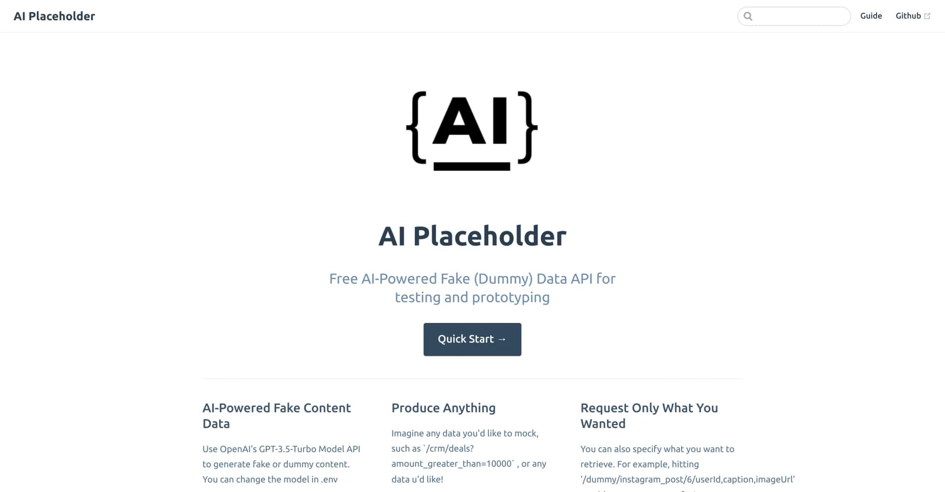 AI Placeholder homepage screenshot — AI-powered fake data for testing and prototyping