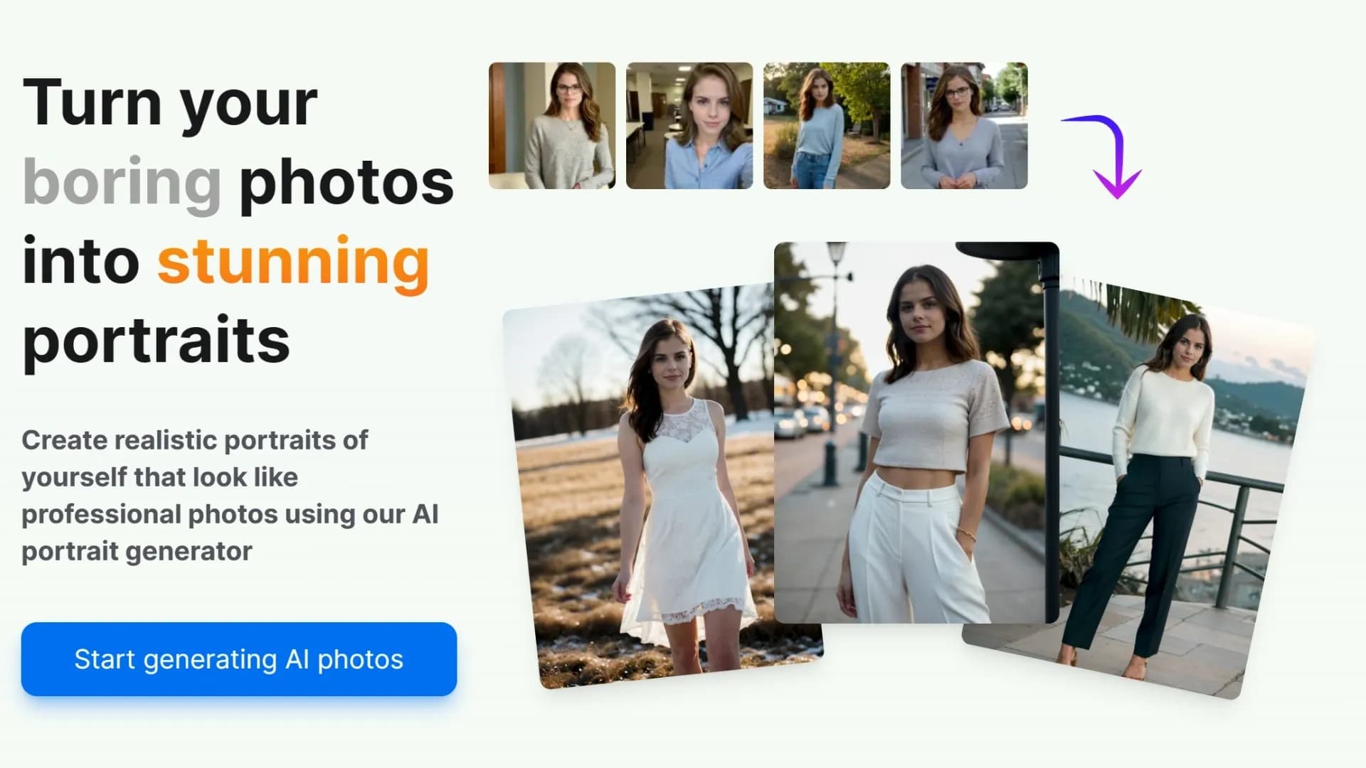 AI Portrait Gen homepage screenshot — Turn your boring photos into stunning portraits