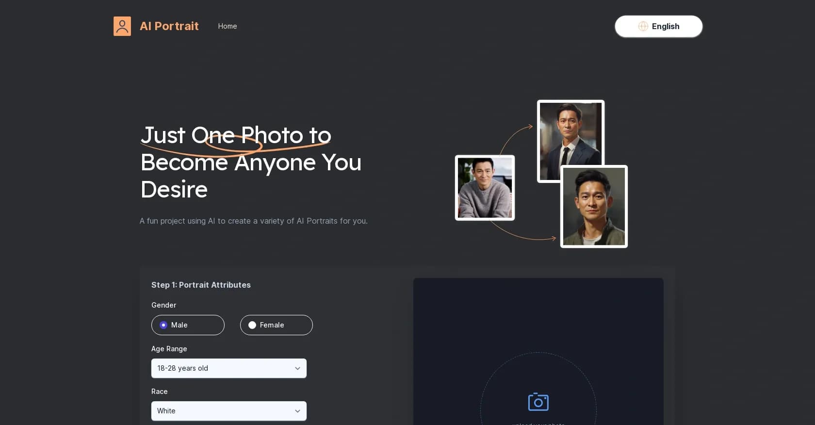 AI-Portrait homepage screenshot — Transform selfies into striking AI portraits instantly.