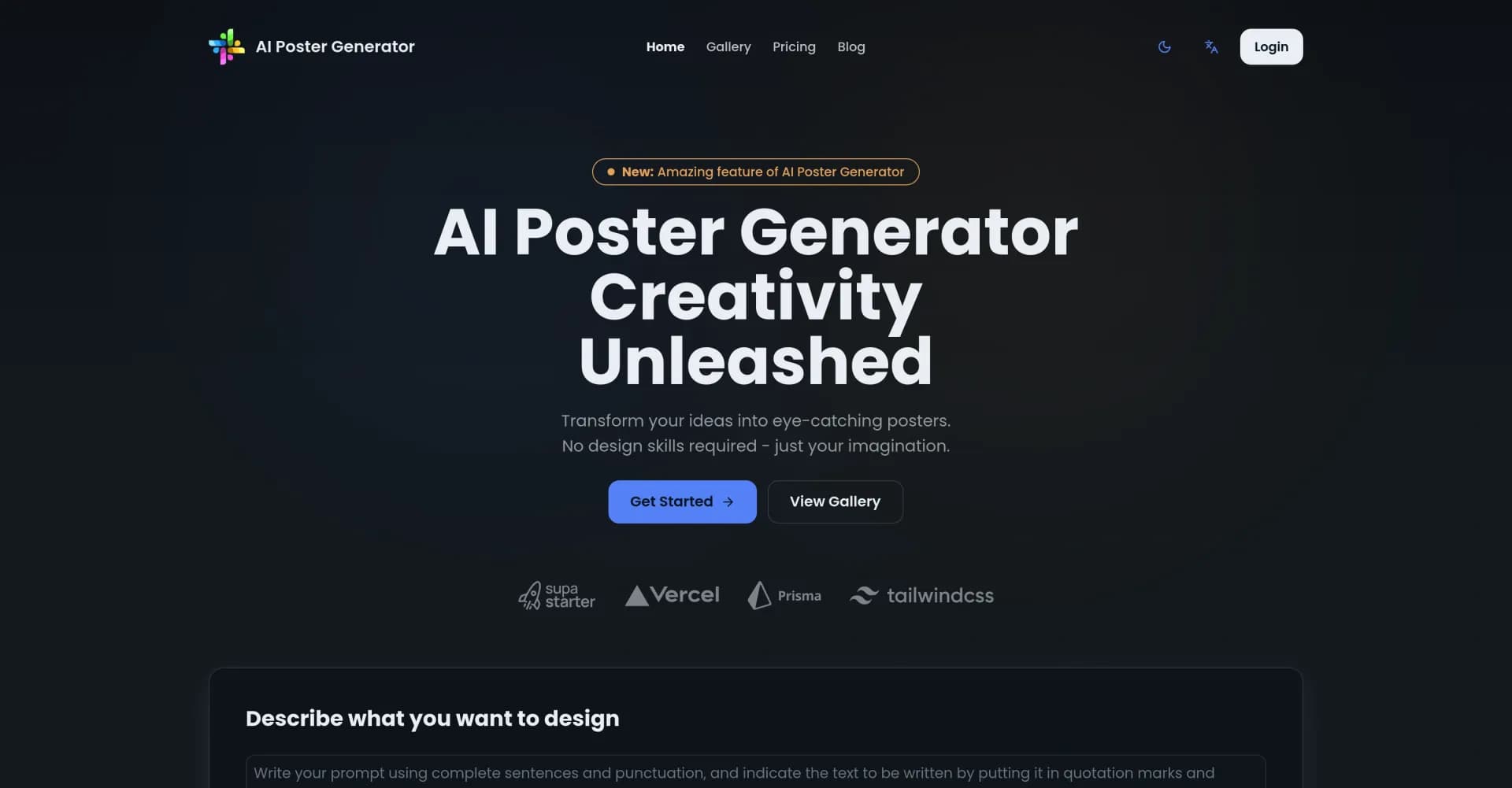 AI Poster Generator homepage screenshot — Create stunning posters with AI, no design skills needed.