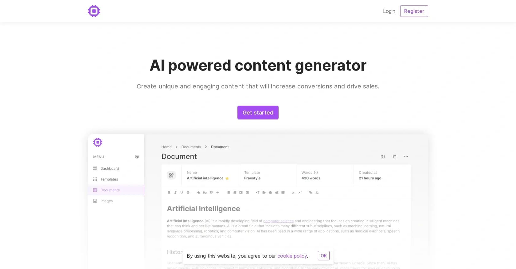 AI powered content generator homepage screenshot — AI-powered content creation for higher conversions and sales