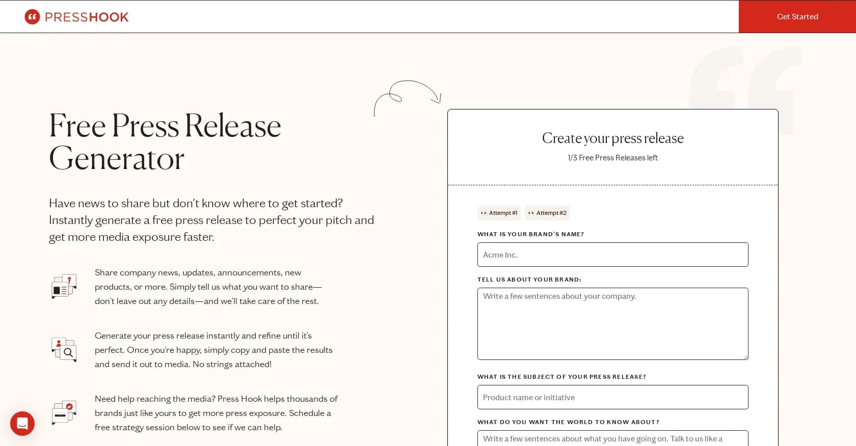 AI Press Release Generator homepage screenshot — Create a free press release in just a few clicks.