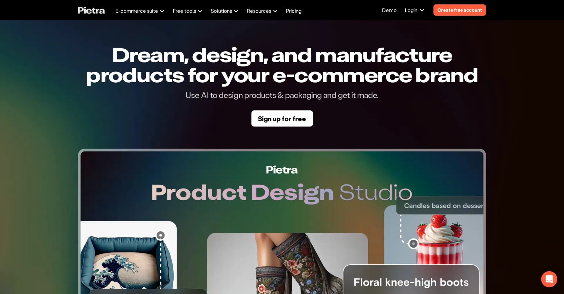 AI Product Design by Pietra homepage screenshot — Dream, design, and manufacture products for your e-commerce 