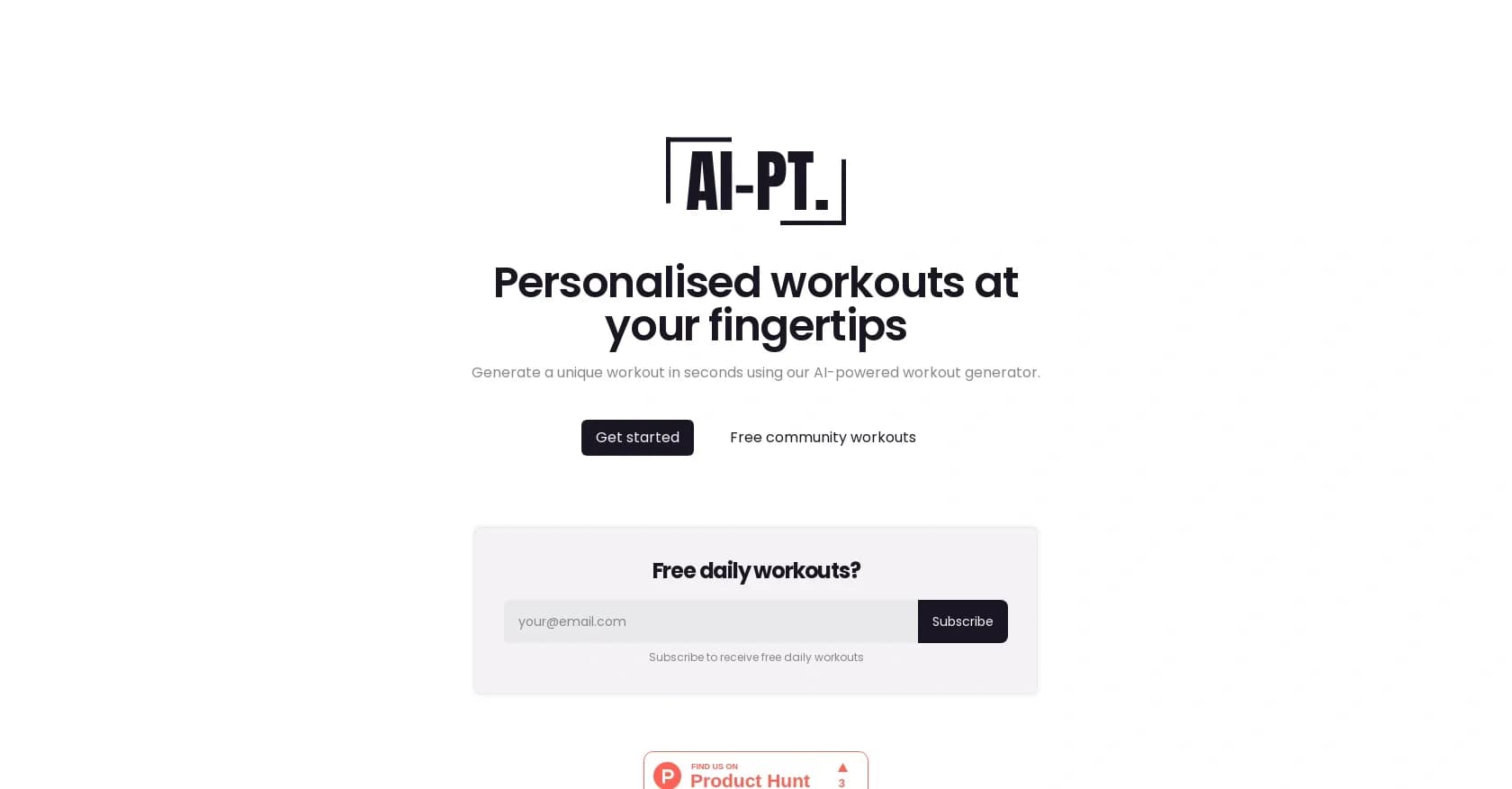 AI-PT homepage screenshot — AI-powered workouts tailored to you in seconds.