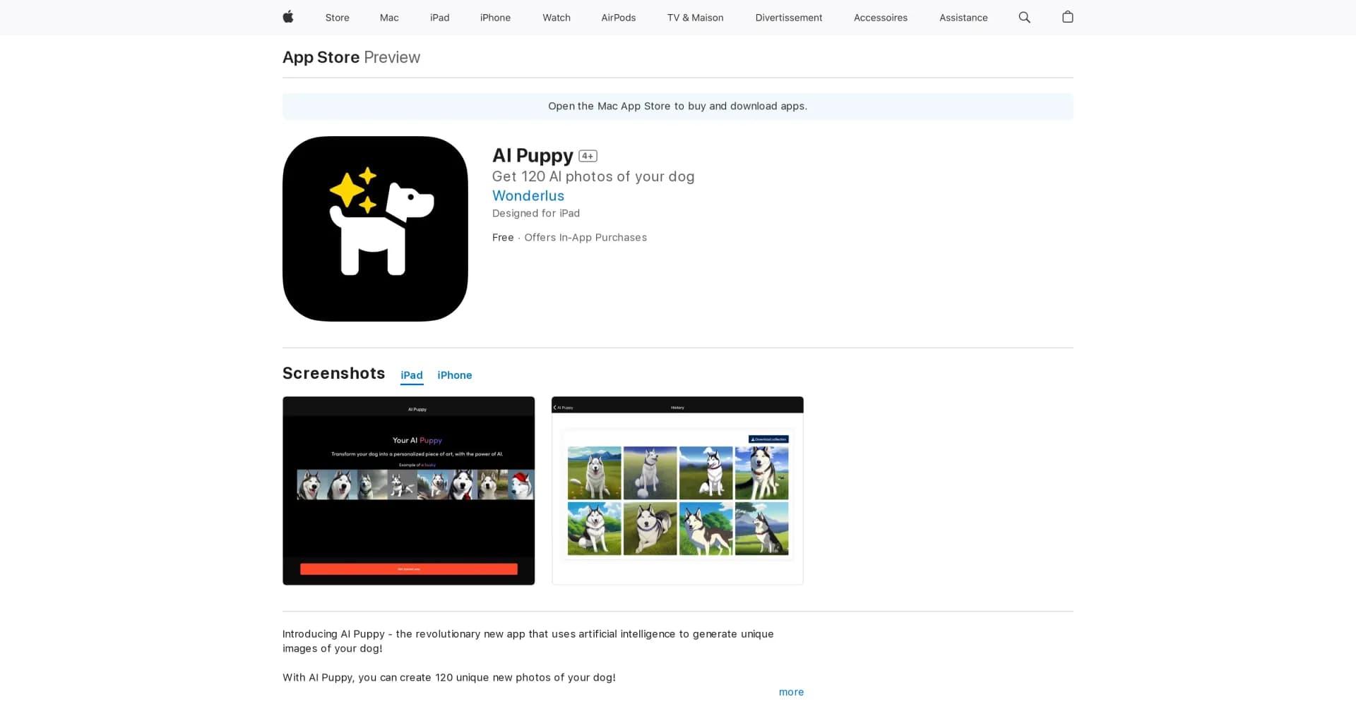 AI Puppy homepage screenshot — Create 120 unique new photos of your dog!