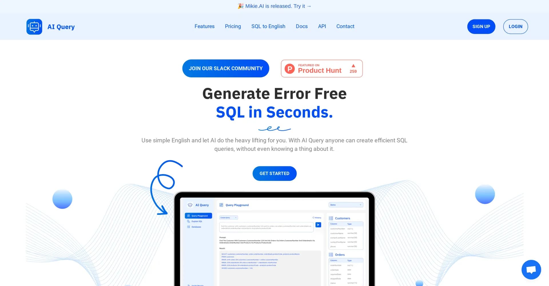 AI Query homepage screenshot — Generate error-free SQL queries from English prompts.