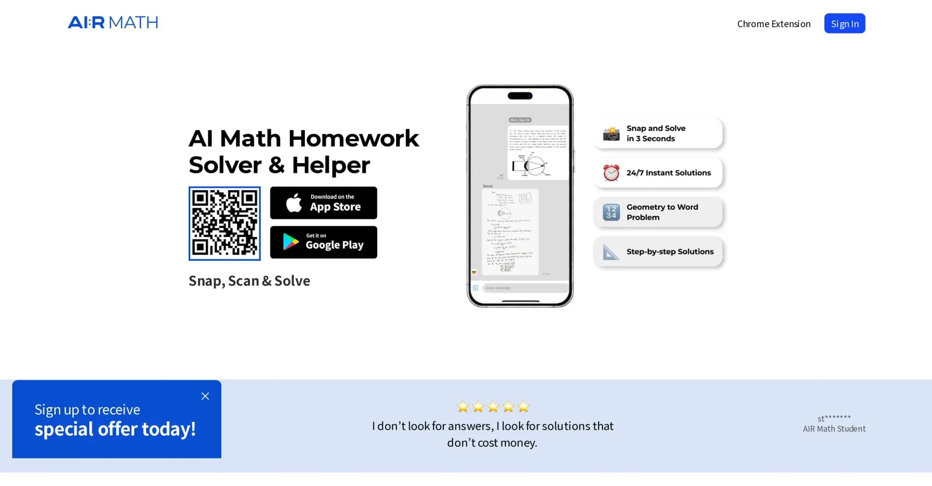 AI:R MATH homepage screenshot — Snap, scan and solve math problems in seconds.