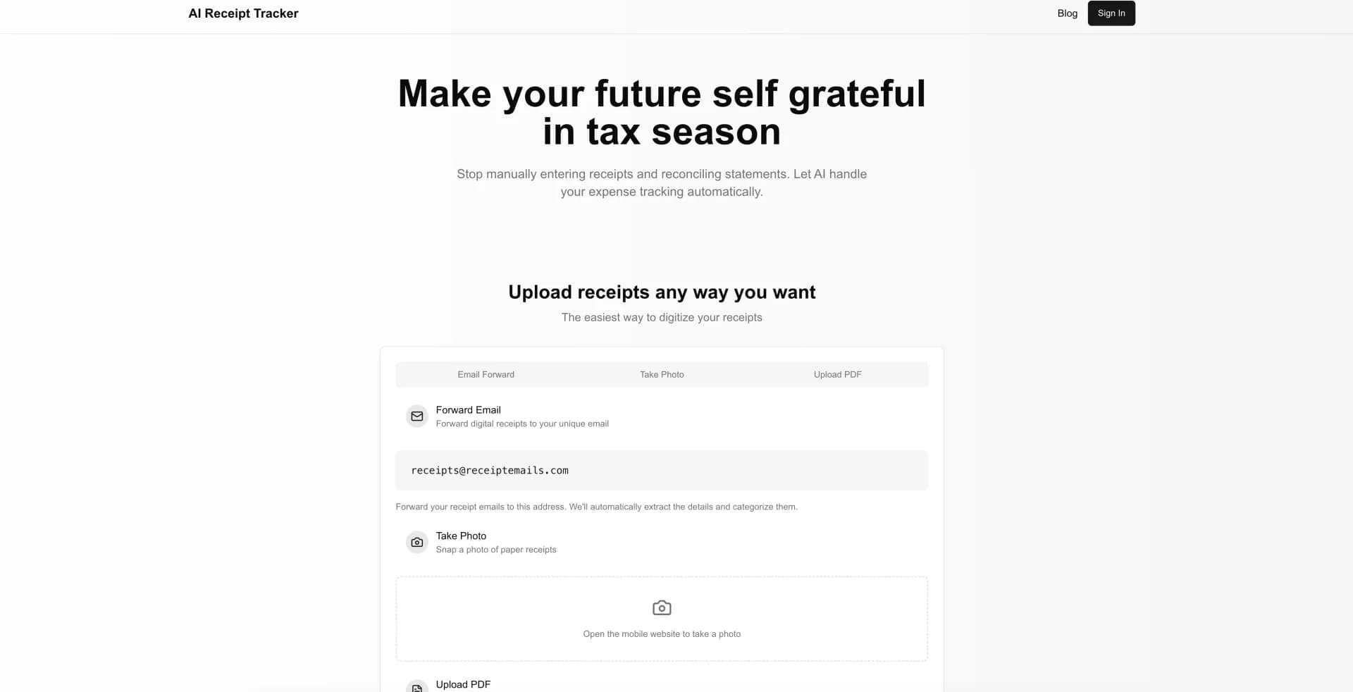 AI Receipt Trackerv1.1.0 homepage screenshot — Revolutionizing expense tracking with AI-powered receipt man