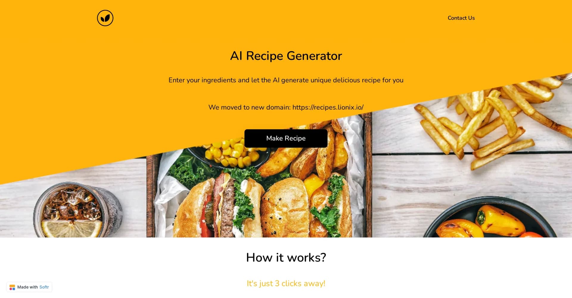 AI Recipe Generator homepage screenshot — Generate recipes from ingredients you have.