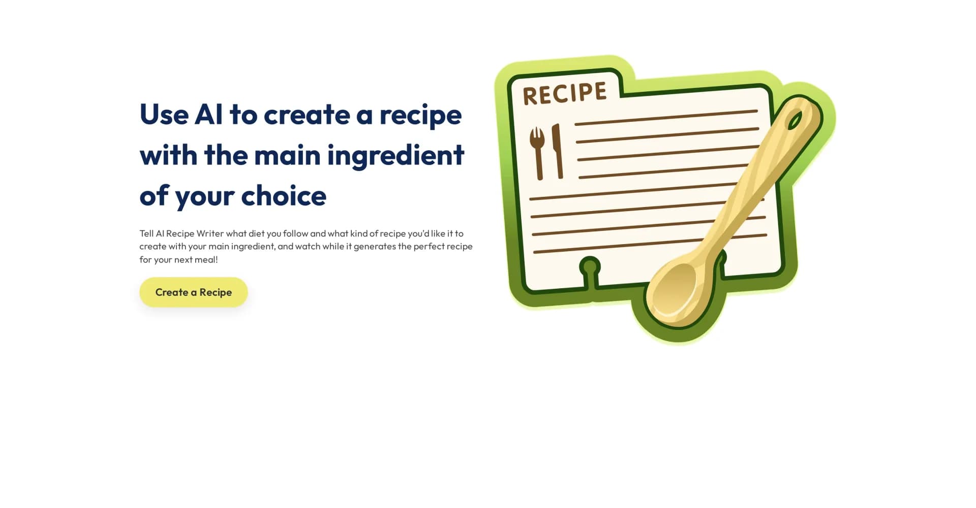 AI Recipe Writer homepage screenshot — AI chef turns ingredients into custom recipes.