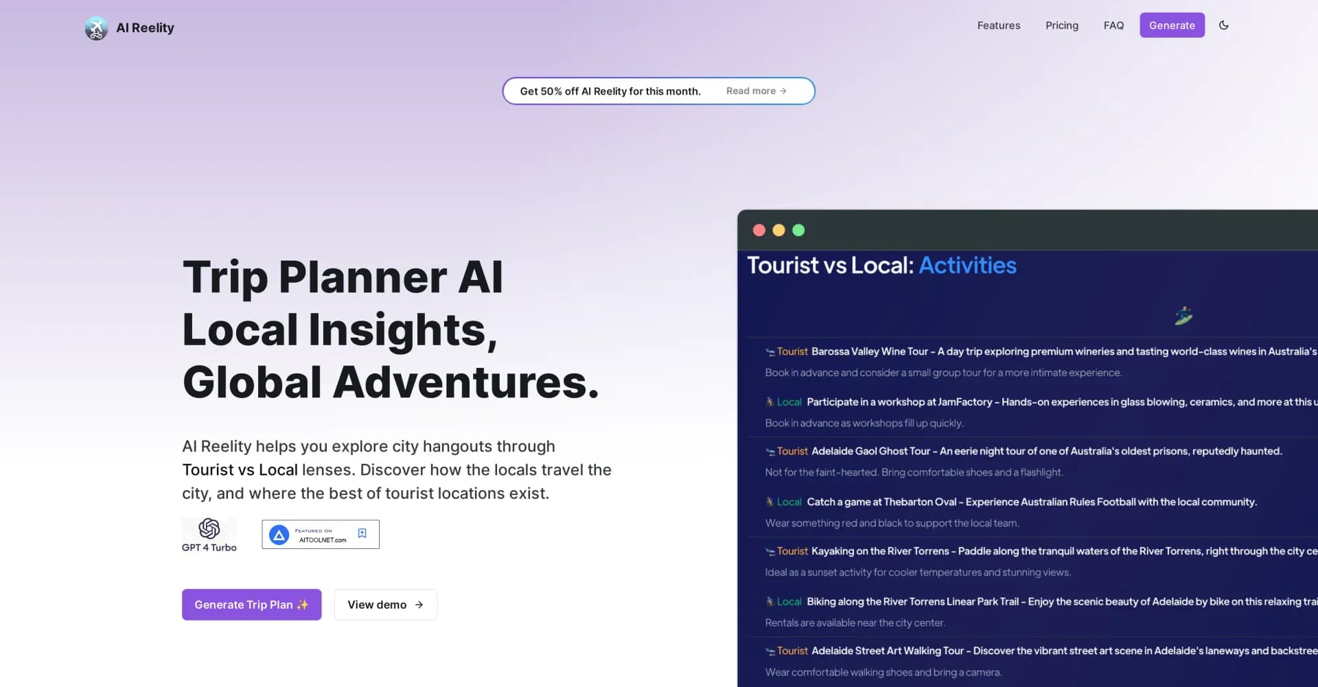 AI Reelity Trip Planner homepage screenshot — Travel like a local, explore like a tourist.