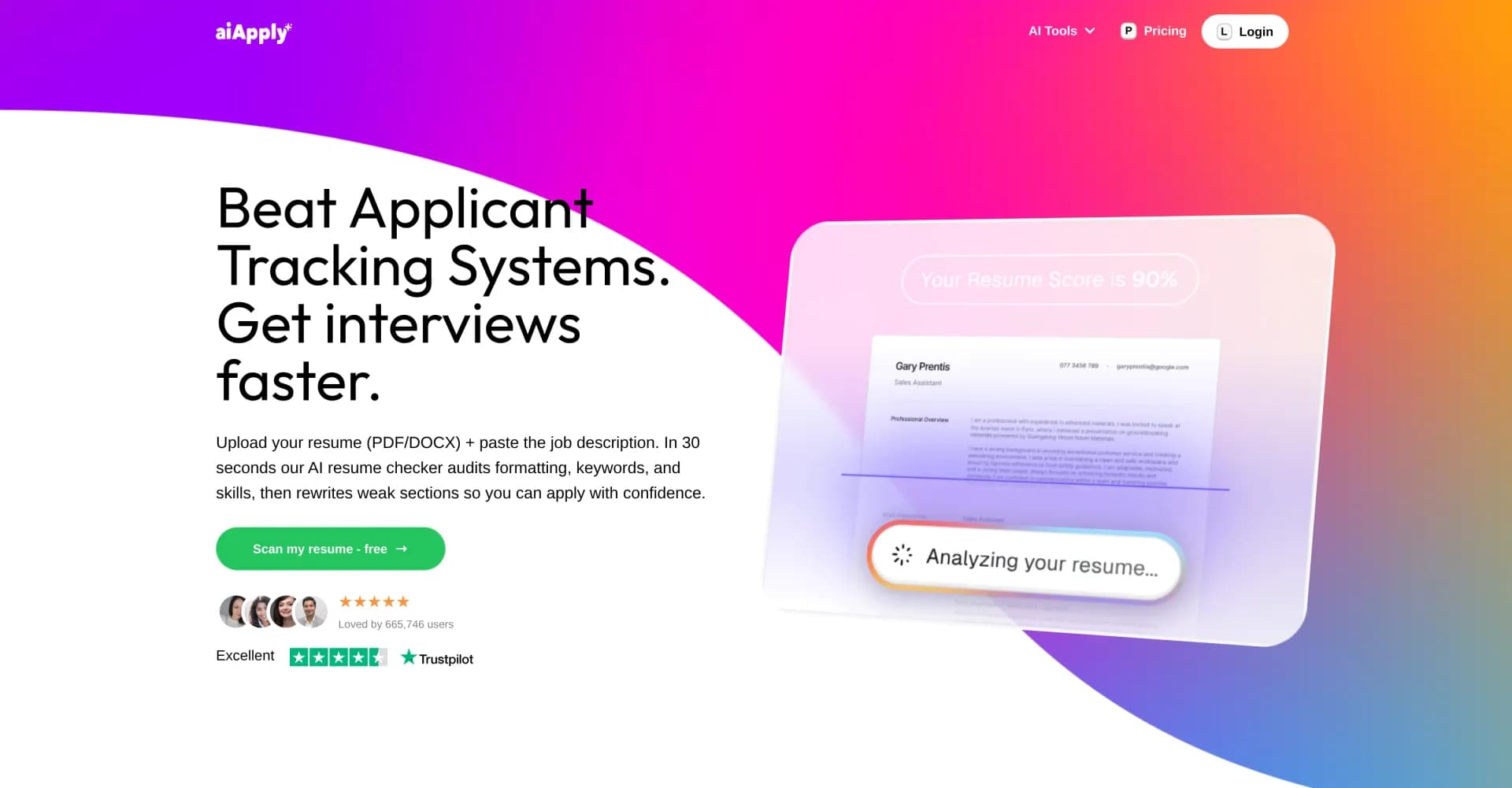 AI Resume Scanner - AIApplyv2.0 homepage screenshot — Beat ATS. Get interviews faster.