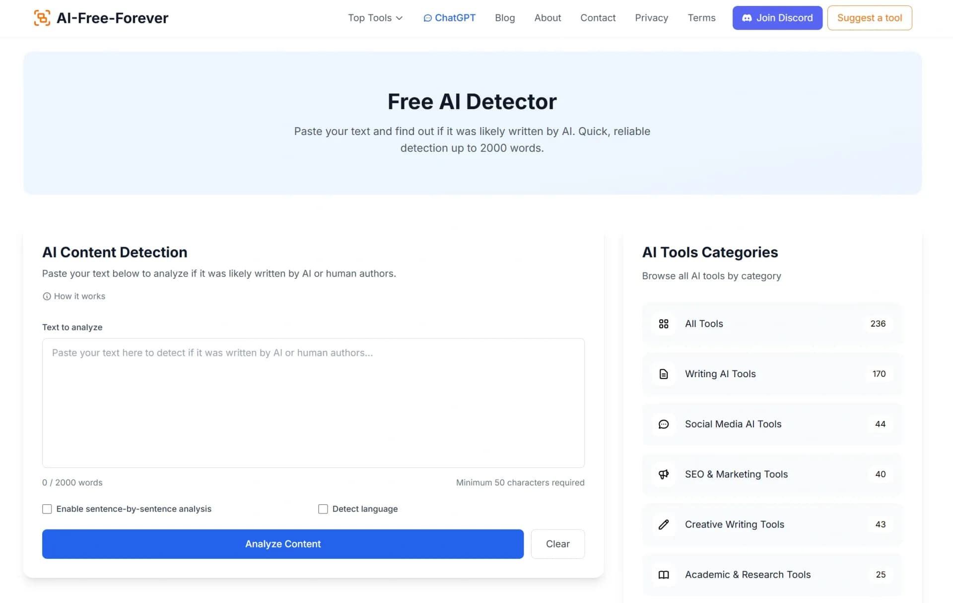 Free AI Detector homepage screenshot — A free AI content detector with analysis