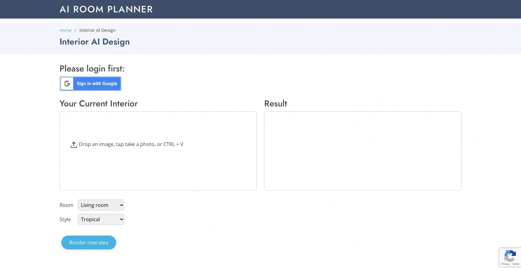 AI Room Planner homepage screenshot — Transform your space with AI-powered interior design ideas