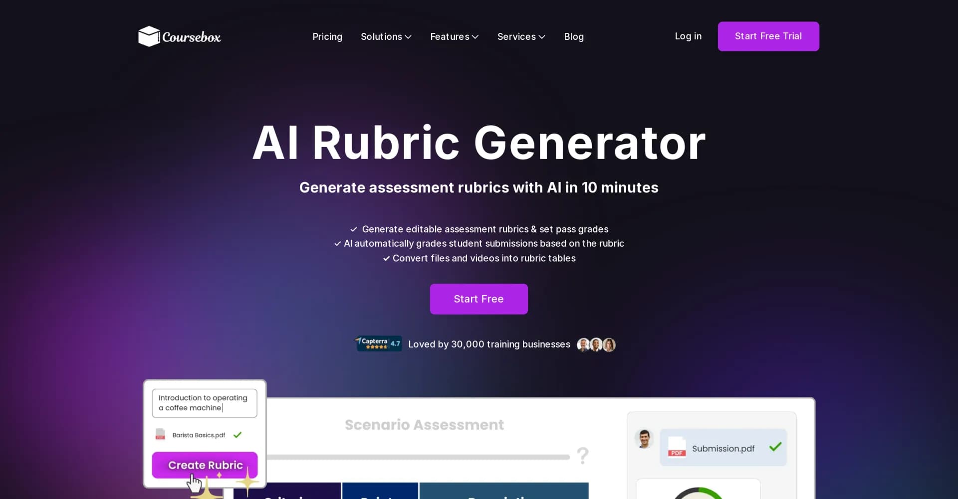 AI Rubric Generator by Coursebox homepage screenshot — Creating practical assignment questions and marking criteria